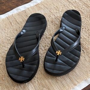 Tory Burch Black Kira Quilted Flip Flops with Gold Logo Medallion